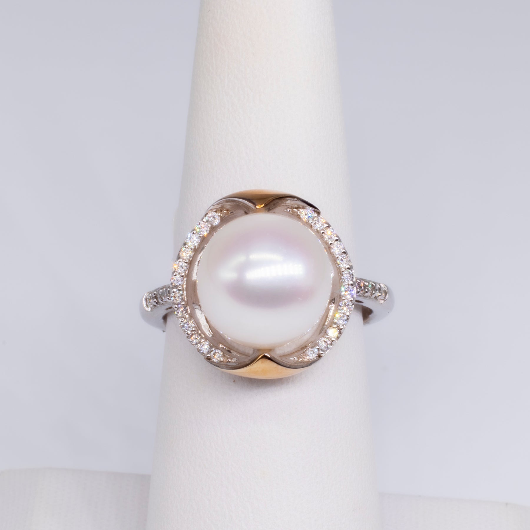 12mm White Round Pearl Ring w Simulate Diamond Accent 18k Gold Plated  Gorgeous | eBay
